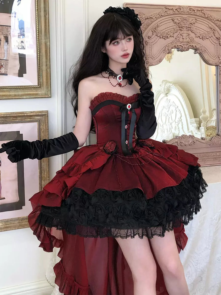Strapless Sweetheart Gothic Lolita High-Low Ruffle Dress - 2 Colors detail view 4