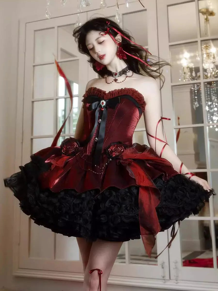 Strapless Sweetheart Gothic Lolita High-Low Ruffle Dress - 2 Colors detail view 5