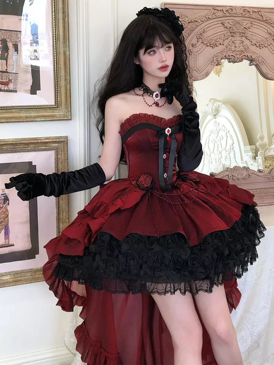 Strapless Sweetheart Gothic Lolita High-Low Ruffle Dress - 2 Colors detail view 6