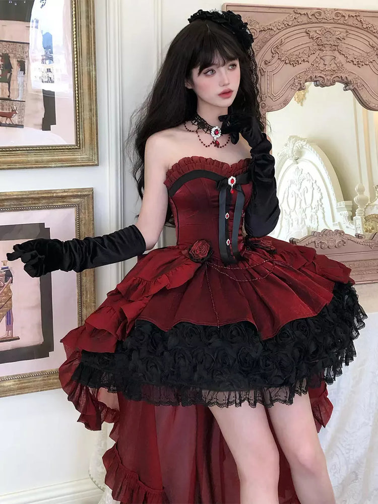 Strapless Sweetheart Gothic Lolita High-Low Ruffle Dress - 2 Colors detail view 6
