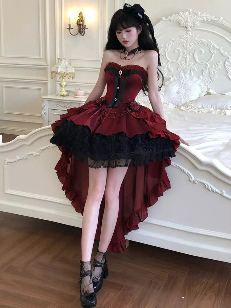 Strapless Sweetheart Gothic Lolita High-Low Ruffle Dress - 2 Colors detail view 7