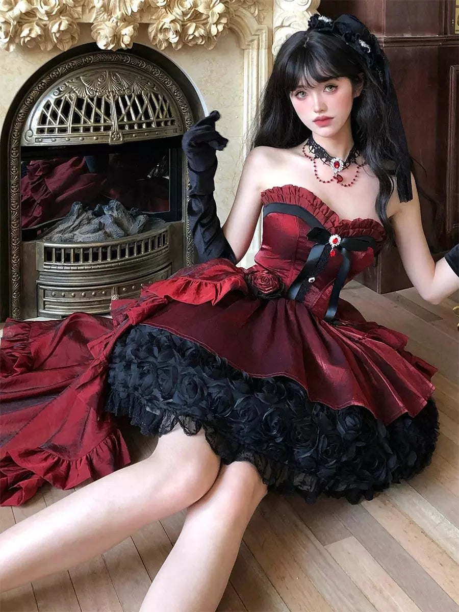 Strapless Sweetheart Gothic Lolita High-Low Ruffle Dress - 2 Colors detail view 8
