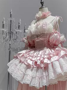 Pink Lace Floral Ruffle Sleeveless Sweet Lolita Princess Ball Gown 商品画像