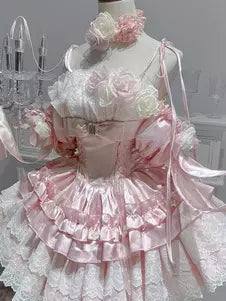 Pink Lace Floral Ruffle Sleeveless Sweet Lolita Princess Ball Gown 商品画像