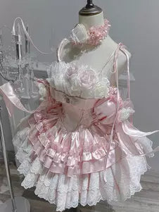 Pink Lace Floral Ruffle Sleeveless Sweet Lolita Princess Ball Gown 商品画像