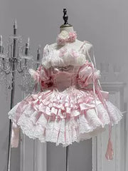 Pink Lace Floral Ruffle Sleeveless Sweet Lolita Princess Ball Gown front view
