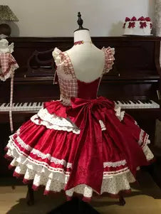 Red Strawberry Polka Dot Plaid Sleeveless Sweet Lolita Dress detail view 3
