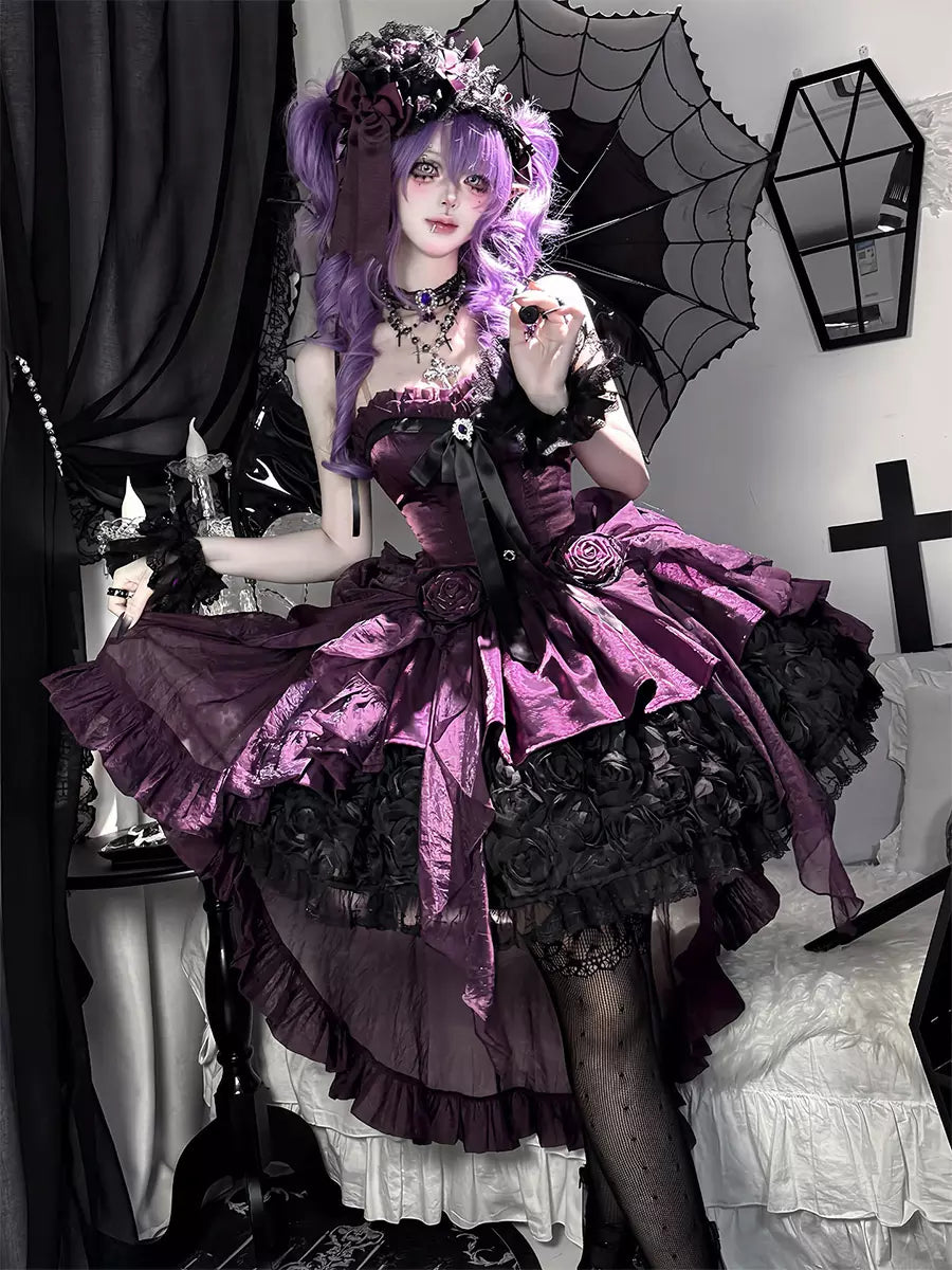 Purple 3D Rose Tiered Ruffle Strapless Gothic Lolita Ball Gown front view