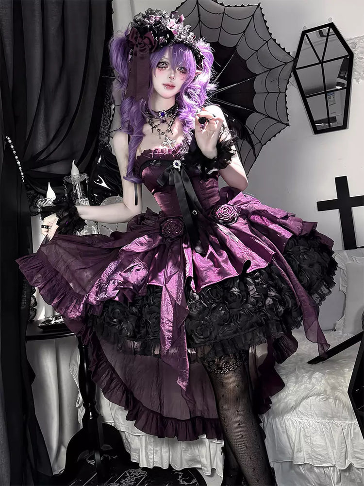 Purple 3D Rose Tiered Ruffle Strapless Gothic Lolita Ball Gown front view