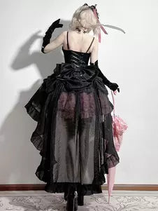 Black & Pink Vintage Ruffle Lace High-Low Fairy Lolita Gown detail view 4