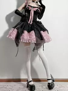 Black & Pink Vintage Ruffle Lace High-Low Fairy Lolita Gown detail view 3