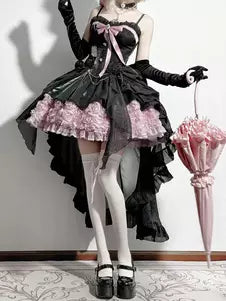 Black & Pink Vintage Ruffle Lace High-Low Fairy Lolita Gown detail view 2