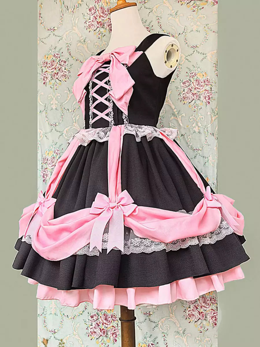 Pink Layered Ruffle Bow Lace-Up Sweet Lolita JSK Dress detail view 6