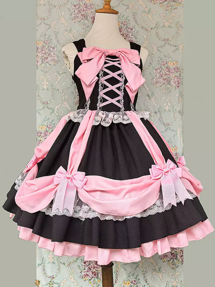Pink Layered Ruffle Bow Lace-Up Sweet Lolita JSK Dress detail view 5