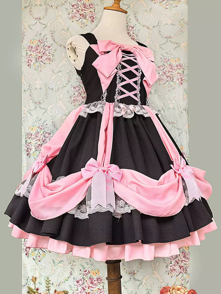 Pink Layered Ruffle Bow Lace-Up Sweet Lolita JSK Dress detail view 4
