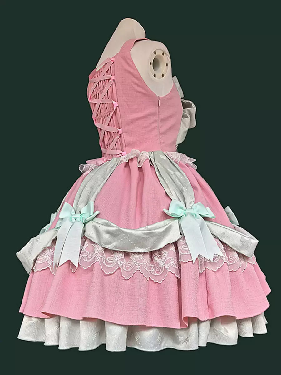 Pink Layered Ruffle Bow Lace-Up Sweet Lolita JSK Dress detail view 3