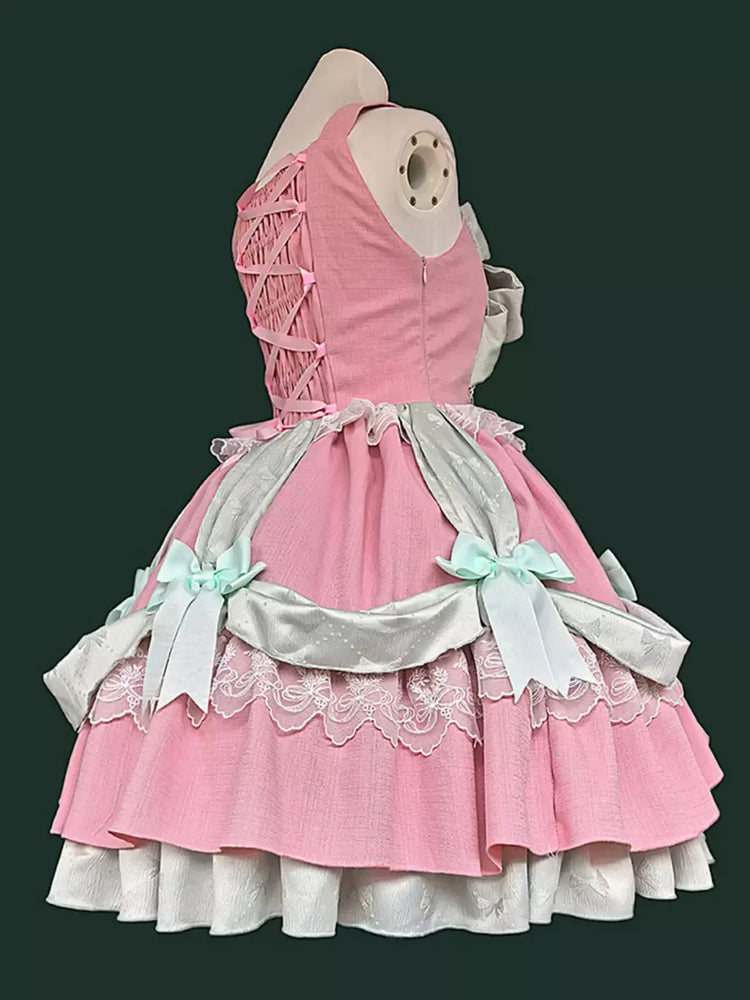 Pink Layered Ruffle Bow Lace-Up Sweet Lolita JSK Dress detail view 3