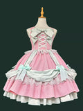 Pink Layered Ruffle Bow Lace-Up Sweet Lolita JSK Dress front view