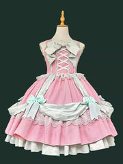 Pink Layered Ruffle Bow Lace-Up Sweet Lolita JSK Dress front view