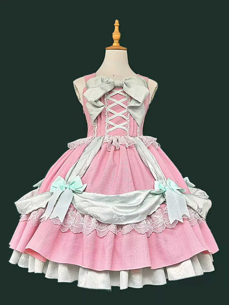 Pink Layered Ruffle Bow Lace-Up Sweet Lolita JSK Dress front view