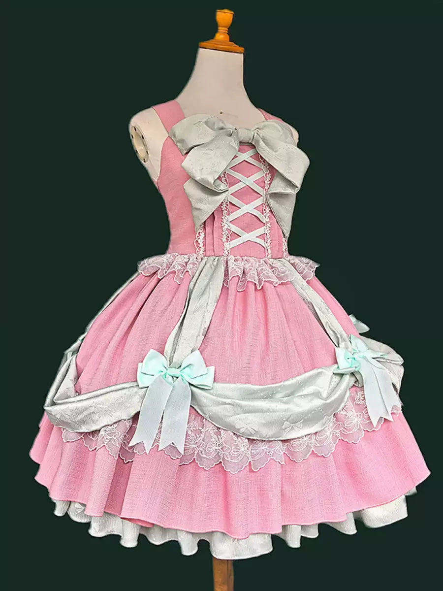 Pink Layered Ruffle Bow Lace-Up Sweet Lolita JSK Dress detail view 2