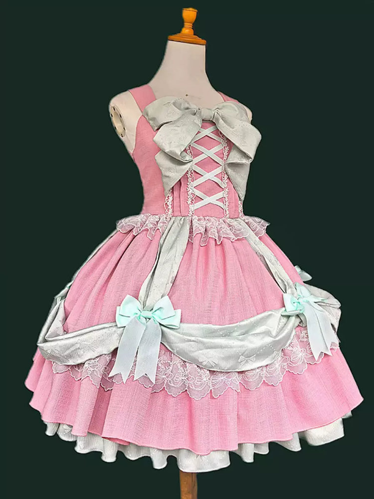 Pink Layered Ruffle Bow Lace-Up Sweet Lolita JSK Dress detail view 2