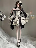 Cream & Black Layered Ruffle Corset Bow Gothic Lolita Princess Gown front view