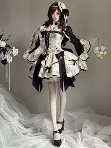 Cream & Black Layered Ruffle Corset Bow Gothic Lolita Princess Gown front view