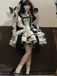 Cream & Black Layered Ruffle Corset Bow Gothic Lolita Princess Gown detail view 2