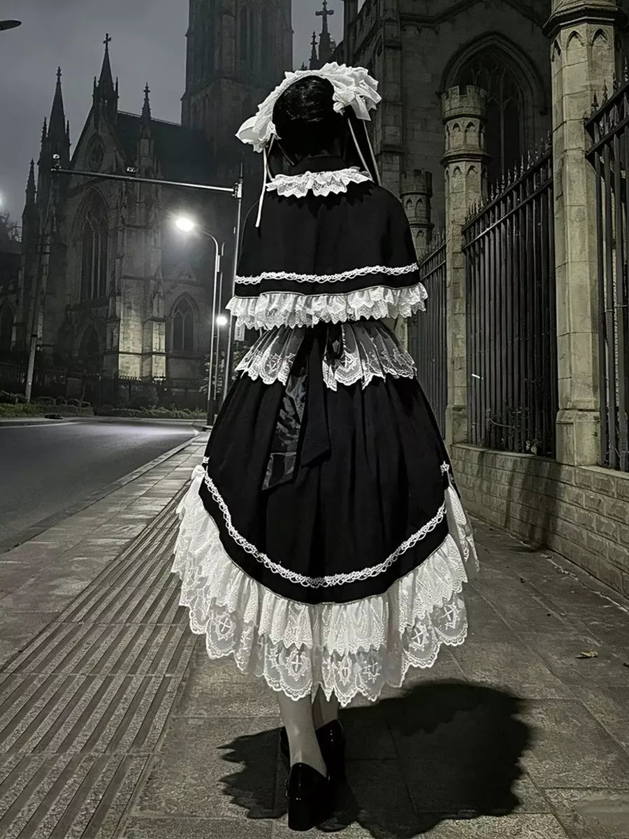 Black Lace Ruffle Gothic Lolita Dress, Cape & Hat Set detail view 4