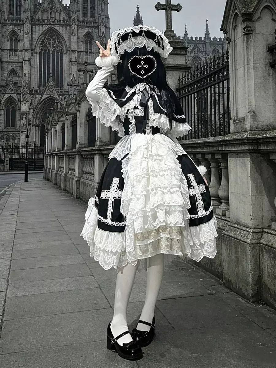 Black Lace Ruffle Gothic Lolita Dress, Cape & Hat Set detail view 3