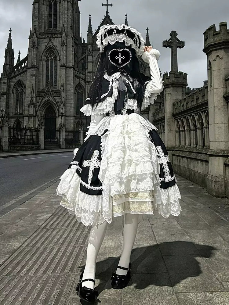 Black Lace Ruffle Gothic Lolita Dress, Cape & Hat Set detail view 2