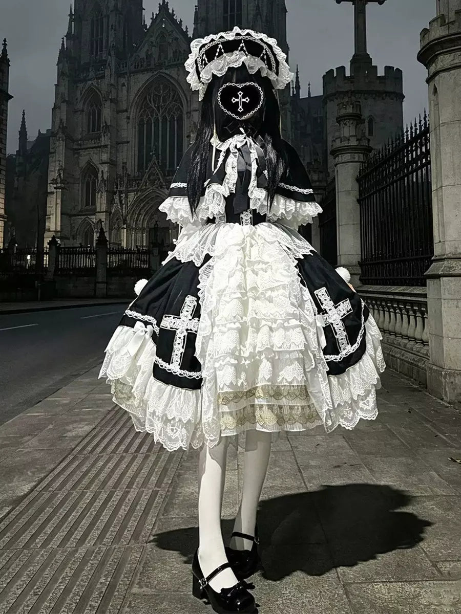 Black Lace Ruffle Gothic Lolita Dress, Cape & Hat Set front view
