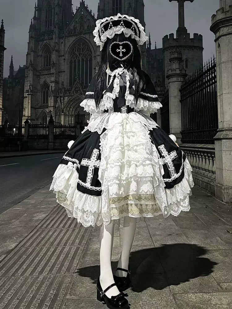 Black Lace Ruffle Gothic Lolita Dress, Cape & Hat Set front view