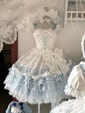 Light Sky Blue Bow Lace Ruffle Tiered Sweet Lolita Dress front view