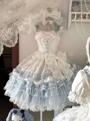 Light Sky Blue Bow Lace Ruffle Tiered Sweet Lolita Dress front view