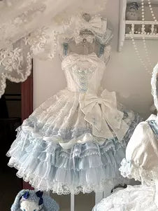 Light Sky Blue Bow Lace Ruffle Tiered Sweet Lolita Dress front view