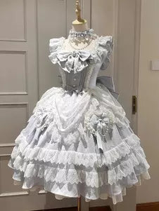 Blue Lace-Up Corset Big Bow Tiered Ruffle Sweet Lolita Dress front view
