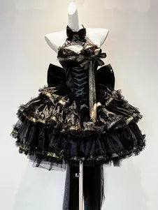 Black Halter Lace-Up Bow Ruffle Mesh Gothic Lolita Dress detail view 2
