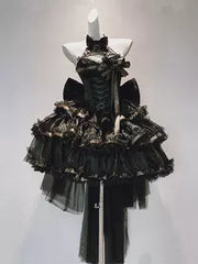 Black Halter Lace-Up Bow Ruffle Mesh Gothic Lolita Dress front view