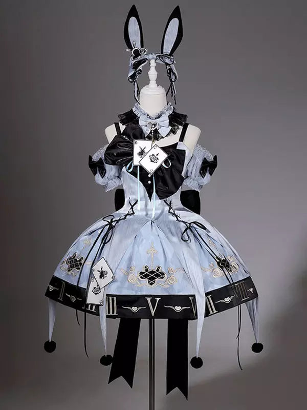 Blue Gothic Lolita Spaghetti Strap Layered Ruffle Bow Dress Set detail view 9