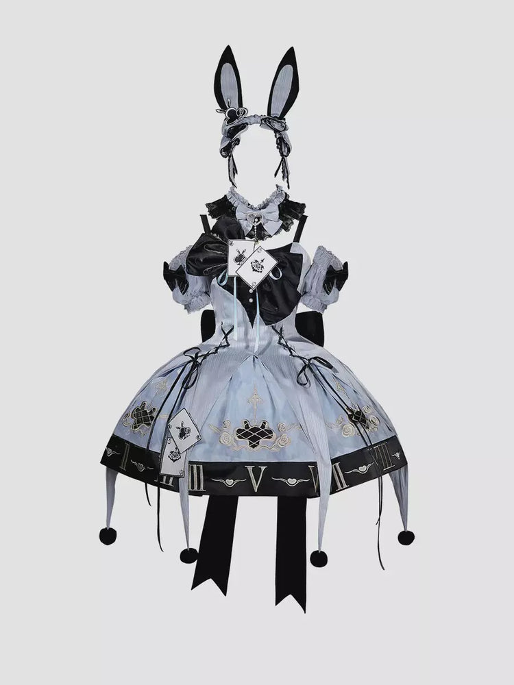 Blue Gothic Lolita Spaghetti Strap Layered Ruffle Bow Dress Set detail view 8