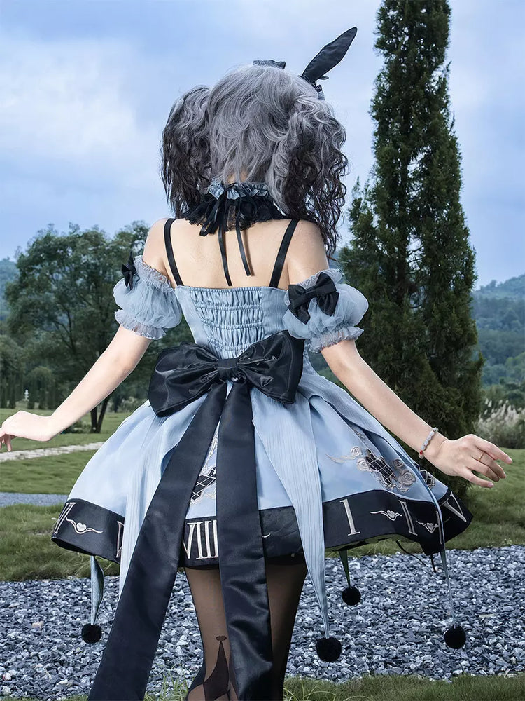 Blue Gothic Lolita Spaghetti Strap Layered Ruffle Bow Dress Set detail view 7