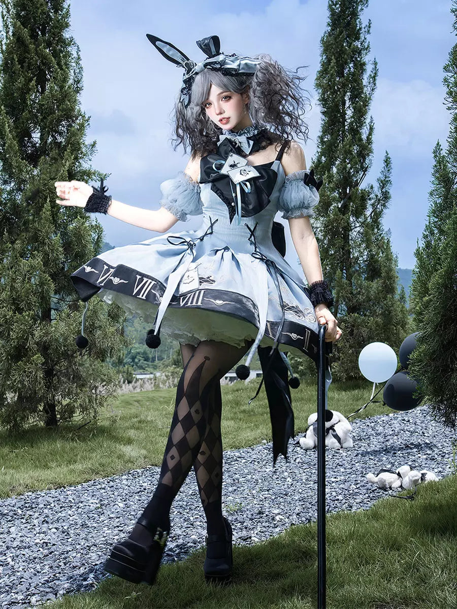 Blue Gothic Lolita Spaghetti Strap Layered Ruffle Bow Dress Set detail view 6