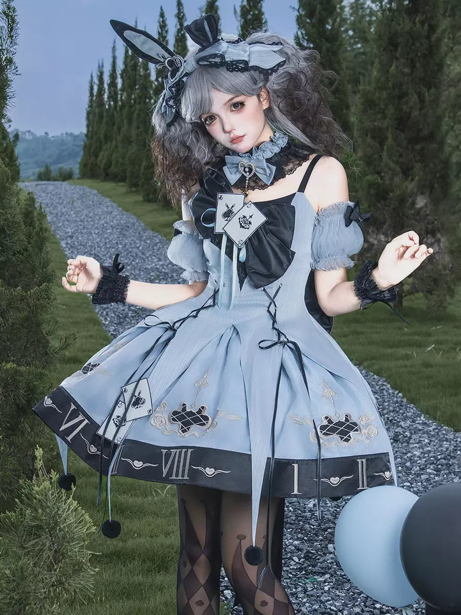 Blue Gothic Lolita Spaghetti Strap Layered Ruffle Bow Dress Set detail view 5