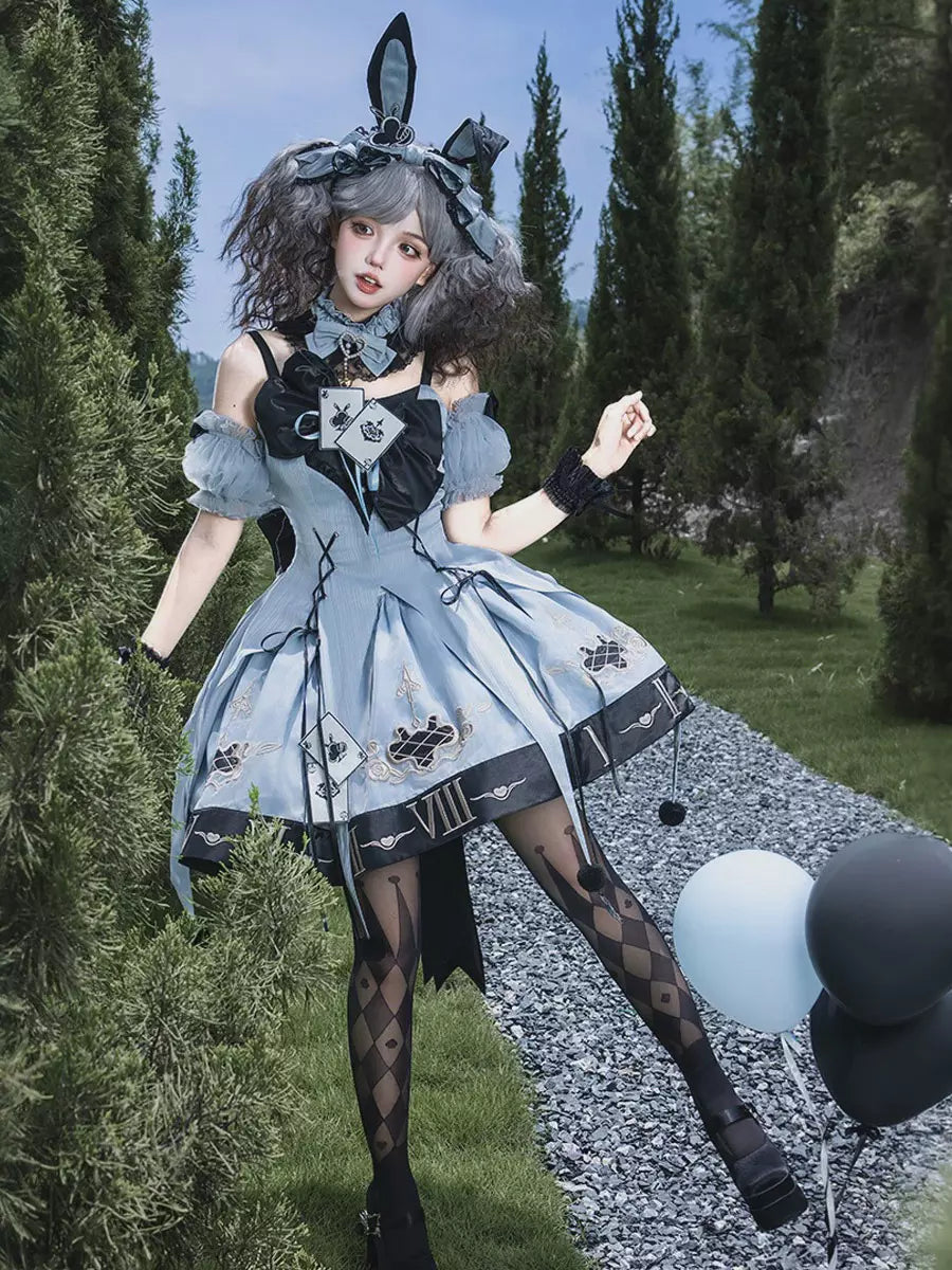 Blue Gothic Lolita Spaghetti Strap Layered Ruffle Bow Dress Set detail view 4