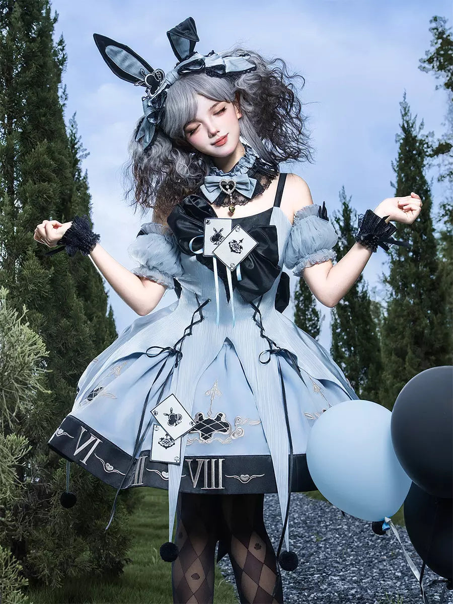 Blue Gothic Lolita Spaghetti Strap Layered Ruffle Bow Dress Set detail view 3