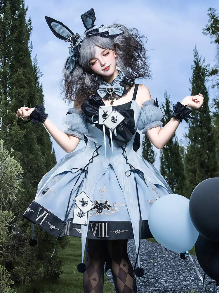 Blue Gothic Lolita Spaghetti Strap Layered Ruffle Bow Dress Set detail view 3