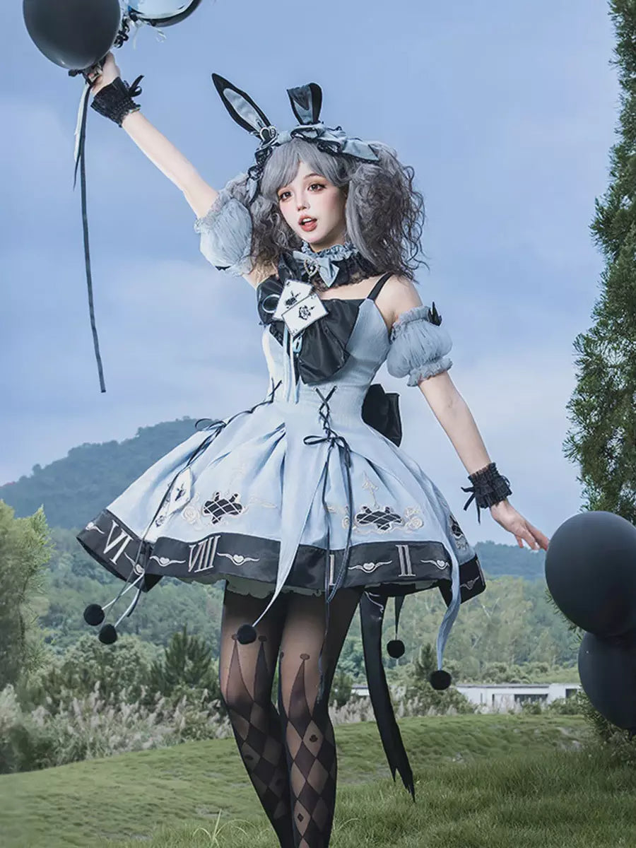 Blue Gothic Lolita Spaghetti Strap Layered Ruffle Bow Dress Set detail view 2