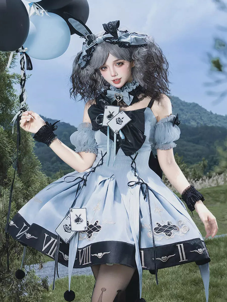 Blue Gothic Lolita Spaghetti Strap Layered Ruffle Bow Dress Set front view